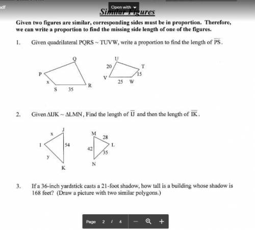 I need help on finding lengths on similar figures
(p. 1 #1-2; p. 2 #1-4)
