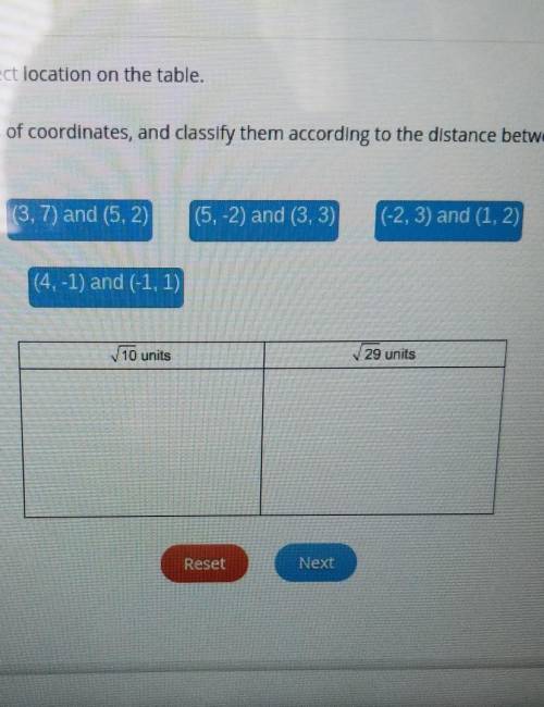 2 Drag each set of coordinates to the correct location on the table. Calculate the distance between