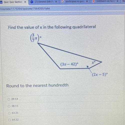 Find the value of x in the following quadrilateral

(3x:- 42)°
-
(2x - 5)°
Please help!