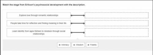 Match the stage from Erikson's psychosocial development with the description.
HELP ASAP