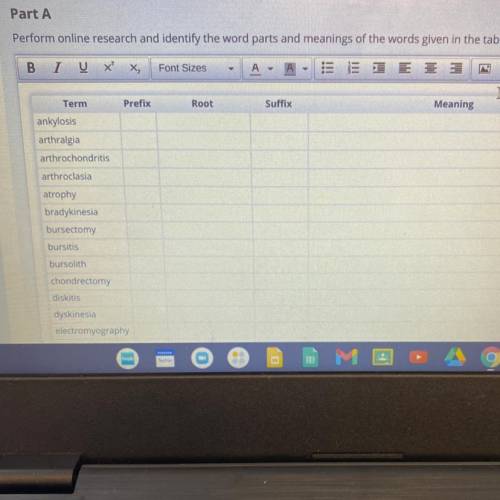 Perform online research and identify the word parts and meanings of the words given in the table.