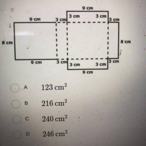 What is the surface area of the box formed by the pattern below?

9 cm
3 cm
9 cm
3 on
3 cm
3 cm
1