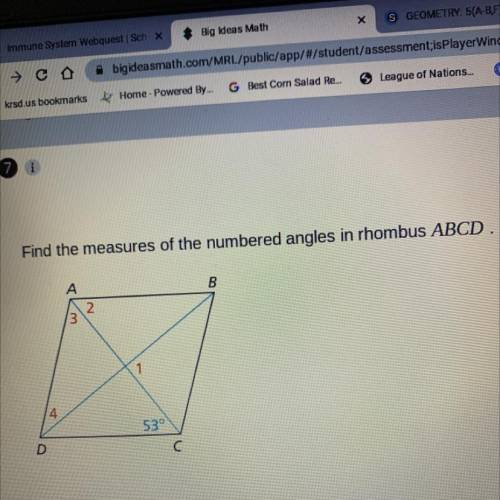 Find the measures of the numbered angles in rhombus ABCD￼?