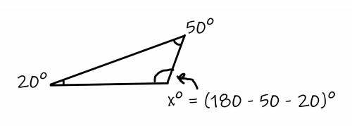 Two angles in a triangle have measures of 20 degrees and 50 degrees. What is the measure of the thir