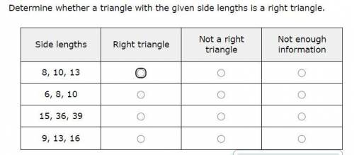 Determine whether a triangle with the given side lengths is a right triangle. (PICTURE BELOW)