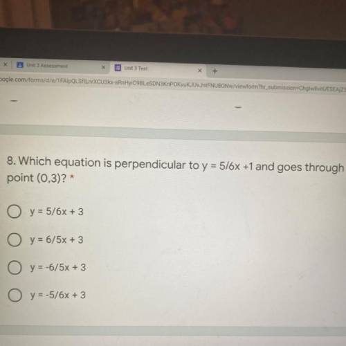 Which equation is perpendicular to y=5/6x +1