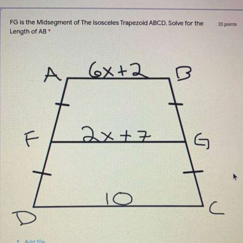FG is the Midsegment of The Isosceles Trapezoid ABCD. Solve for the length of AB.

PLS HELP I WILL