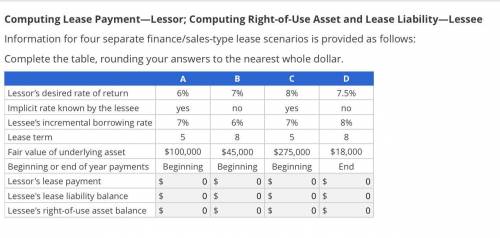 Information for four separate finance/sales-type lease scenarios is provided as follows:

Complete