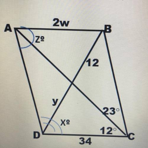 ABCD is a parallelogram. Find the values of w, x, y, and z.
