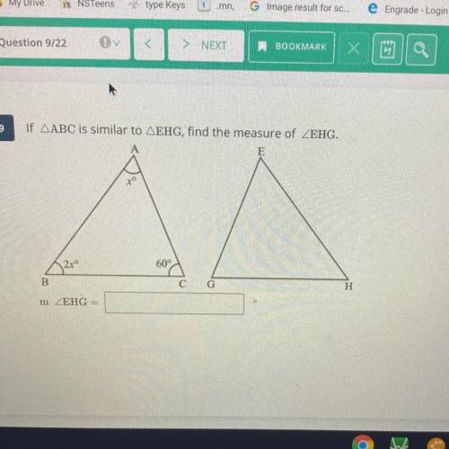 If triangle ABC is similar to triangle EHG, find the measure of angle EHG.