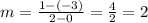 m =  \frac{1 - ( - 3)}{2 - 0}  =  \frac{4}{2}  = 2