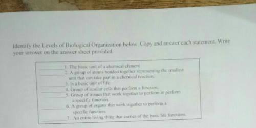 Identify the Levels of Biological Organization below. Copy and answer each statement. Write

your