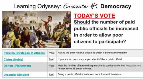 Helpppppp

What was your opinion today about the expansion of democracy (Paying public officials)?