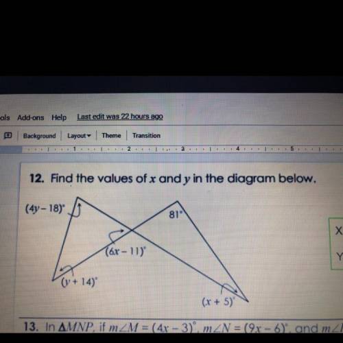 Find the values of x and y in the diagram below