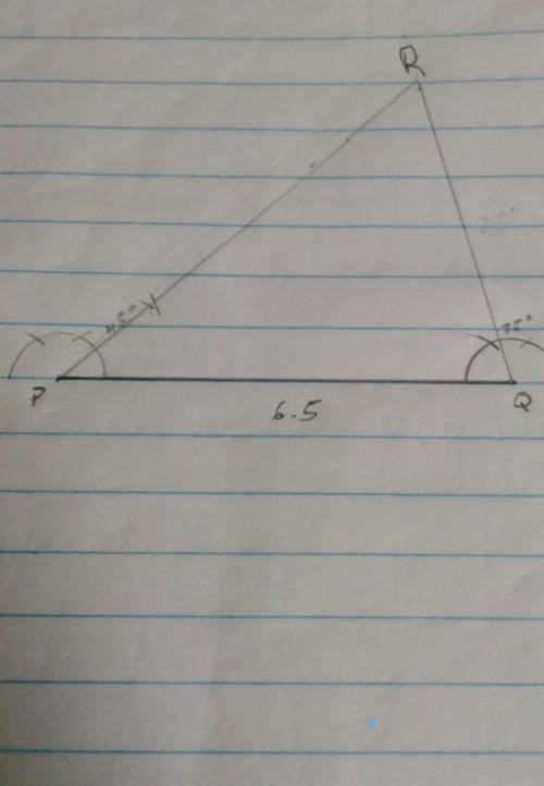 Draw a A PQR if PQ = 6.5cm, m< PQR=75 °and m <PRQ=45° using ruler and compassesonly.
