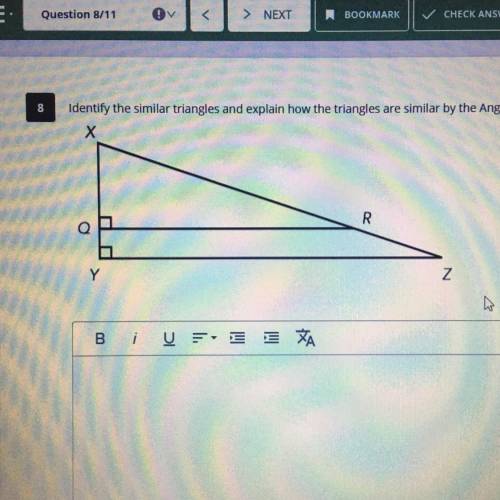 Identify the similar triangles and explain how the triangles are similar by the Angle-Angle Similar