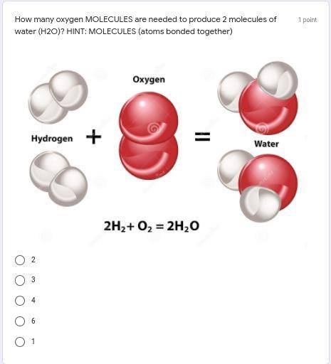 How many oxygen MOLECULES are needed to produce 2 molecules of water (H2O)?
