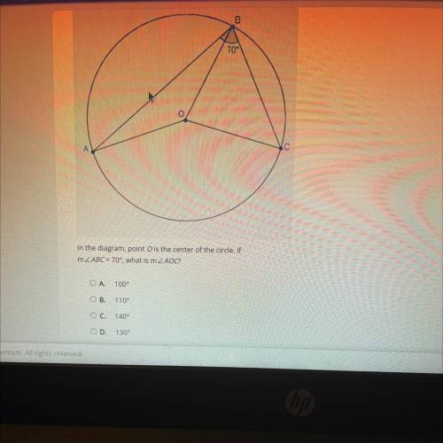 70

А
In the diagram, point is the center of the circle. If
mZABC = 70°, what is m ZAOC?
OA. 100°