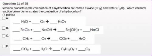 Which chemical reaction below demonstrates the combustion of a hydrocarbon?