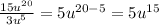 \frac{15u^{20}}{3u^5}=5u^{20-5}=5u^{15}\\