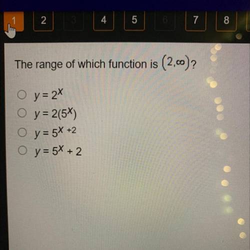 The range of which function is ; (2,00)?
O y=2x
O y = 2(5)
O y = 5x +2
O y = 5x + 2