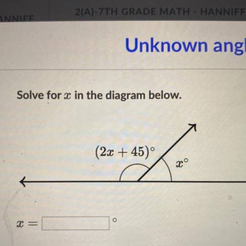 Solve for x in the diagram below.
(2x + 45)°