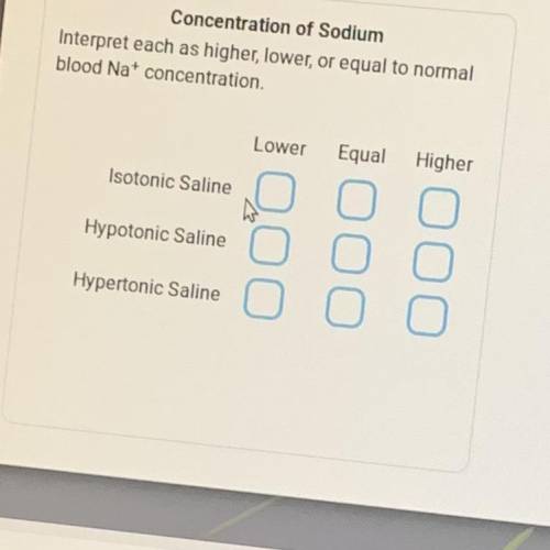 Concentration of Sodium

Interpret each as higher, lower, or equal to normal
blood Nat concentrati