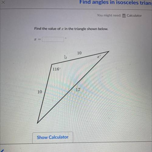 Find the value of x in the triangle shown below.
10
w
116°
17
10