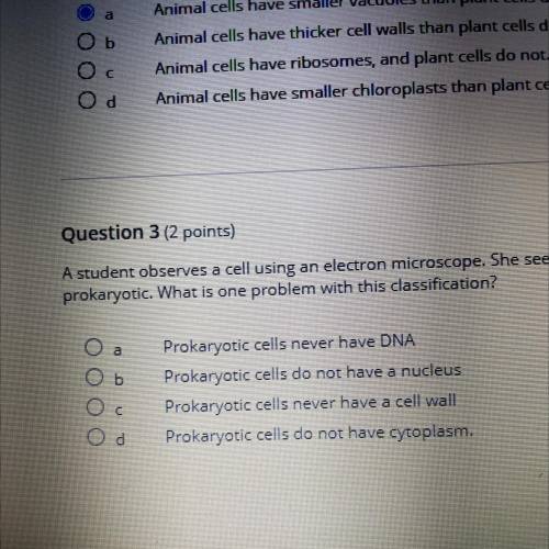 Question 3 (2 points)

A student observes a cell using an electron microscope. She sees a nucleus,