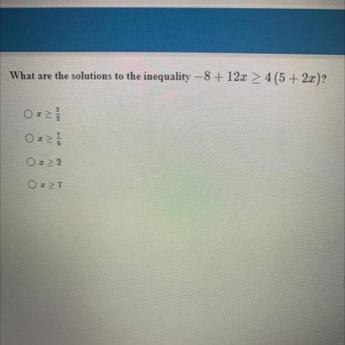What are the solutions to the inequality —8 + 12x > 4(5 + 2x)?