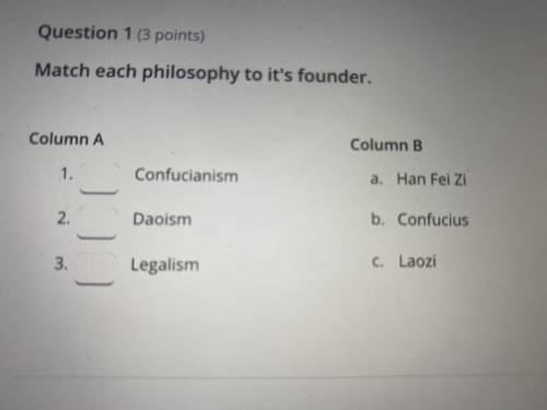 Match each philosophy to it's founder.

Column A
Column B
1.
Confucianism
a. Han Fei Zi
2.
Daoism