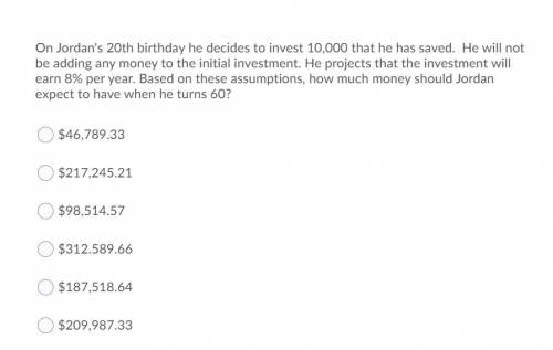 On Jordan's 20th birthday he decides to invest 10,000 that he has saved. He will not be adding any