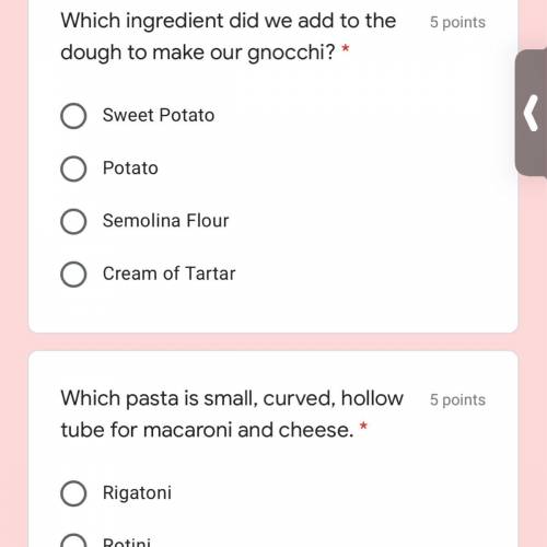 Options for bottom question are rigatoni, rotini, elbow, or cavatappi