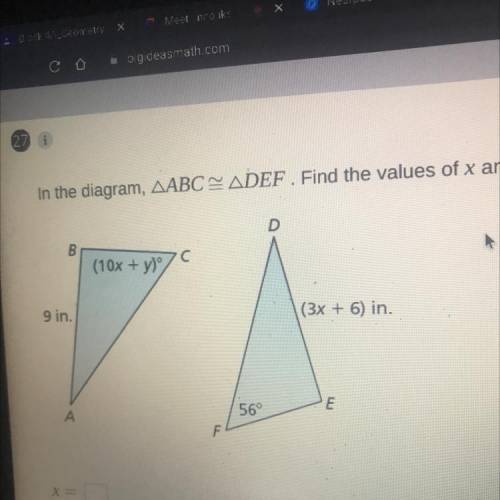 In the diagram, ABC=DEF, find the values of x and y