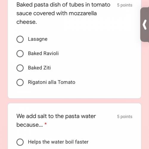 Options for bottom question are

-helps the water boil faster
-helps flavor the pasta
-keeps the p