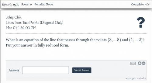 What is an equation of the line that passes through the points (3,-8) & (1, -2)?

Lesson- Line