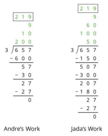 Andre and Jada both found 657÷3 using the partial quotients method, but they did the calculations d
