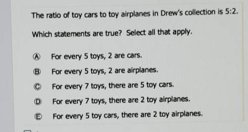 The ratio of toy cars to toy airplanes in Drew's collection is 5:2. Which statements are true? Sele