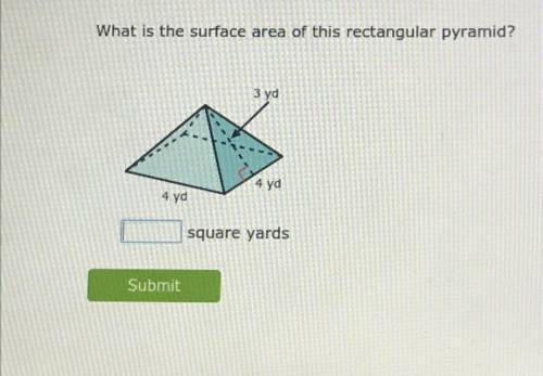 What is the surface area of this rectangular pyramid?
3 yd
4 yd
4 yd
square yards