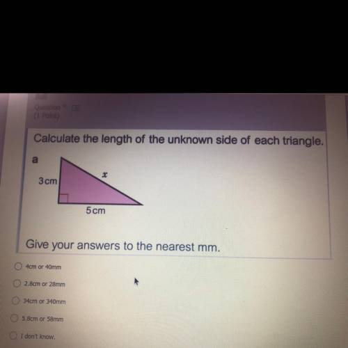 Calculate the length of the unknown side of each triangle.

a)
3 cm
5 cm
Give your answers to the
