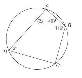 Quadrilateral ABCD​ is inscribed in this circle.
What is the measure of angle A?