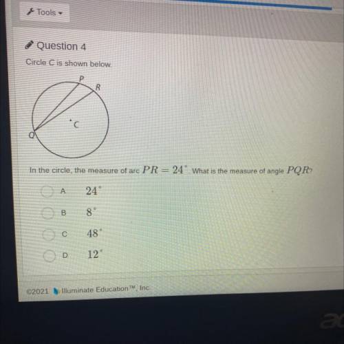 In the circle, the measure of arc PR = 24° What is the measure of angle PQR?