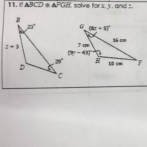 If angle BCD is congruent to angle FGH solve for x y and z