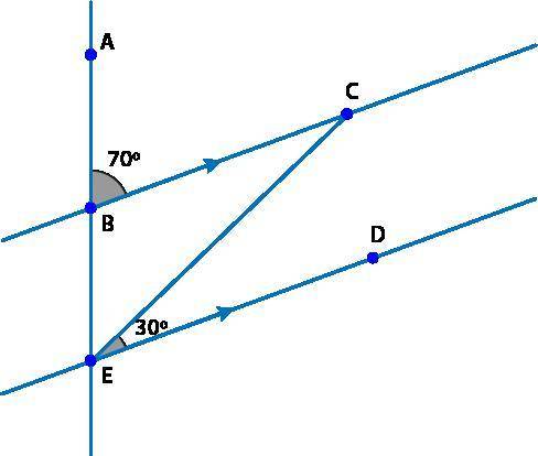 Given: line BC is parallel to line ED

m∠ABC = 70°
m∠CED = 30°
Prove: m∠BEC = 40°
Statement Justif