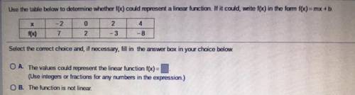 Use the table below to determine whether f(x) could represent a linear function. If it could, write