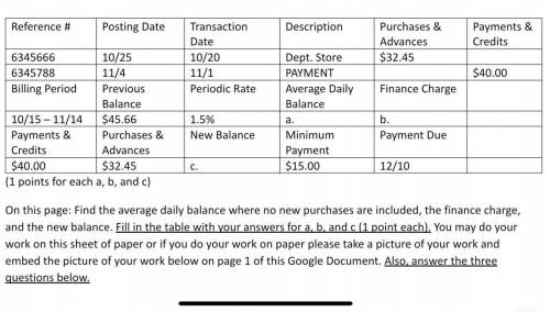A average daily balance.) ?

B finance charge .) ?
C new balance .) ? 
Plz help me (image above) a