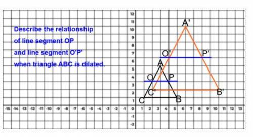 Please help!

Describe the relationship of line segment OP and line segment O'P' when triangle ABC