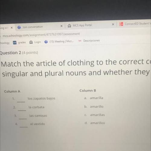 SPANISH PLEASE HELP Match the article of clothing to the correct color. Be careful with

singular