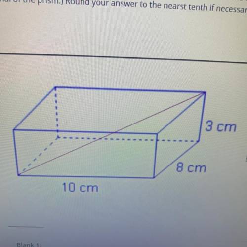 Question 3 (1 point)

A box has the following dimensions, 10 cm by 8 cm by 3 cm. What's the longes