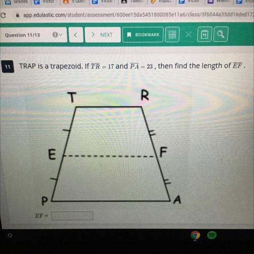 TRAP is a trapezoid. If TR= 17 and PA= 23, then find the length of EF .
